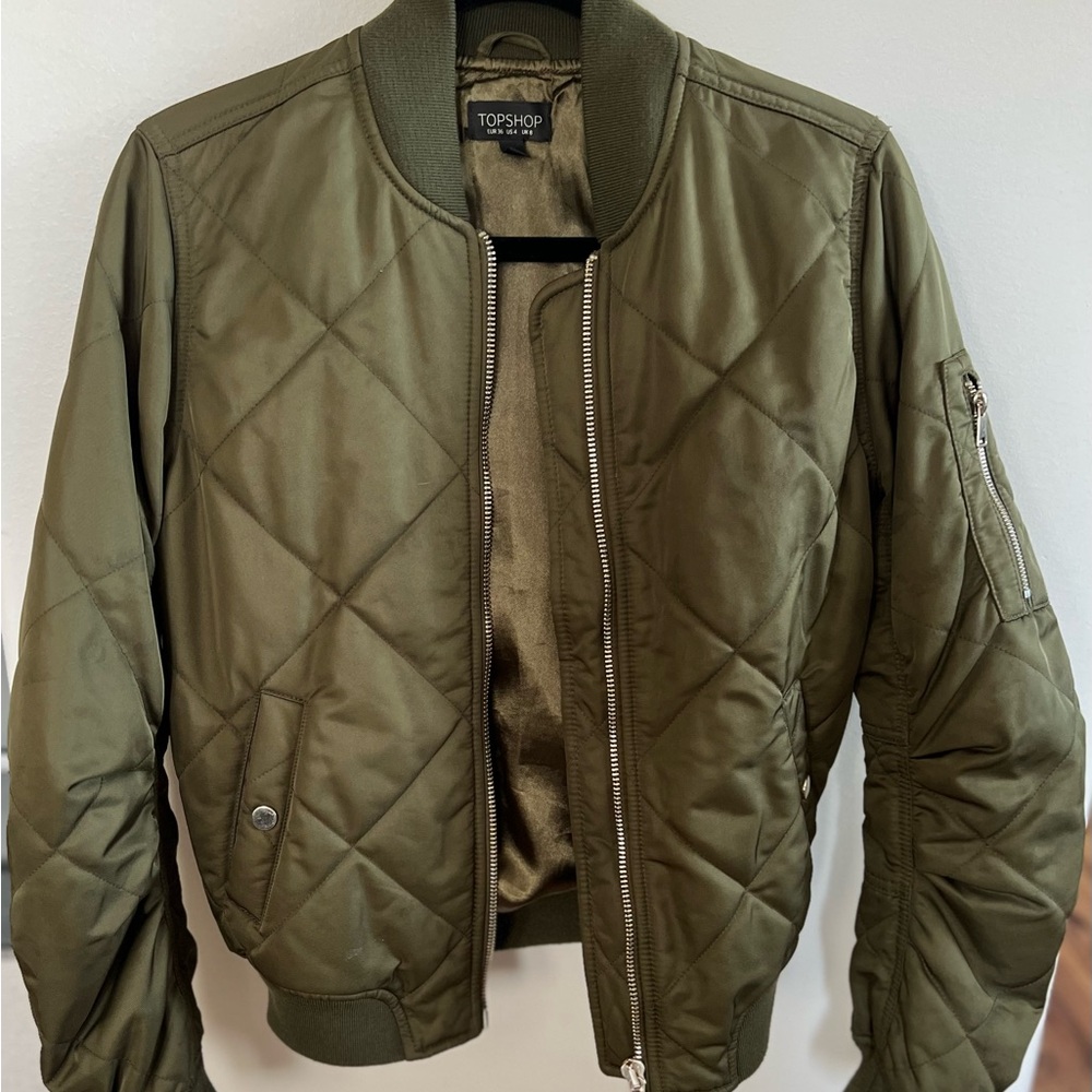 Topshop Green Quilted Bomber Jacket